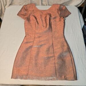 Express Metallic Rose Gold Mini Sheath Dress V Neck Back, Zipper In Skirt party